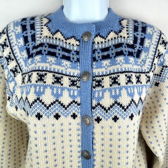 Handmade O Allers Nilssen Norway Wool Fair Isle Cream Blue Cardigan Sweater S/M - Picture 3 of 15